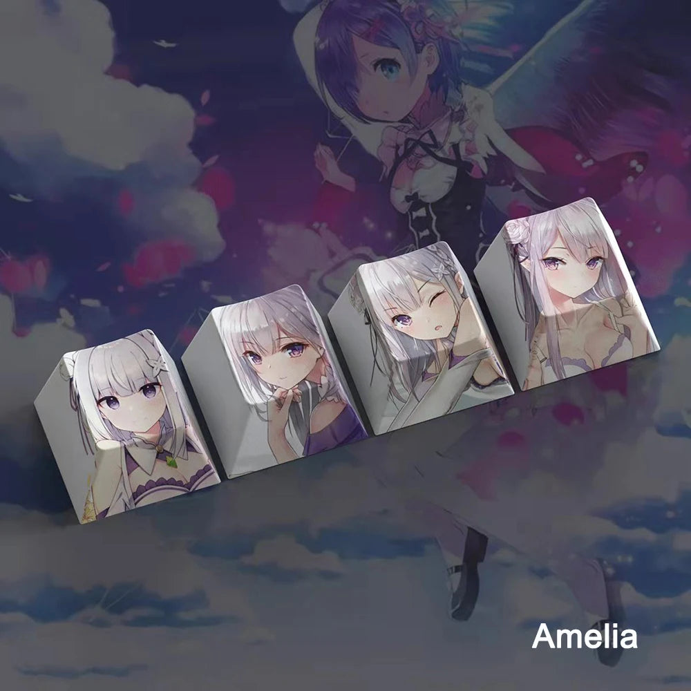4 Keys Keycaps Re:Life in a Different World from Zero Rem PBT Dye Sublimation Key Caps for MX Switches Cartoon Keycap Accessorie